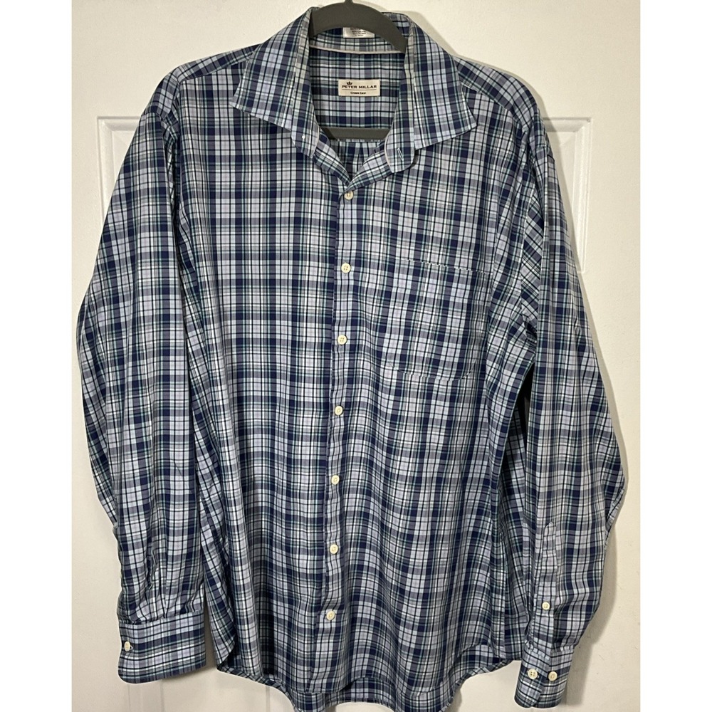 Peter Millar Crown Ease Long Sleeve Blue Plaid 100% Cotton Shirt Men's Large